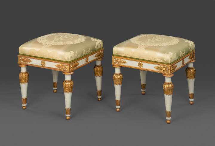 AN IMPORTANT SET OF FOUR OR TWO PAIRS OF NORTH-ITALIAN ROYAL RESTAURATION STOOLS, carved by Giovan Battista Parodi gilded by Agostino Laviosa